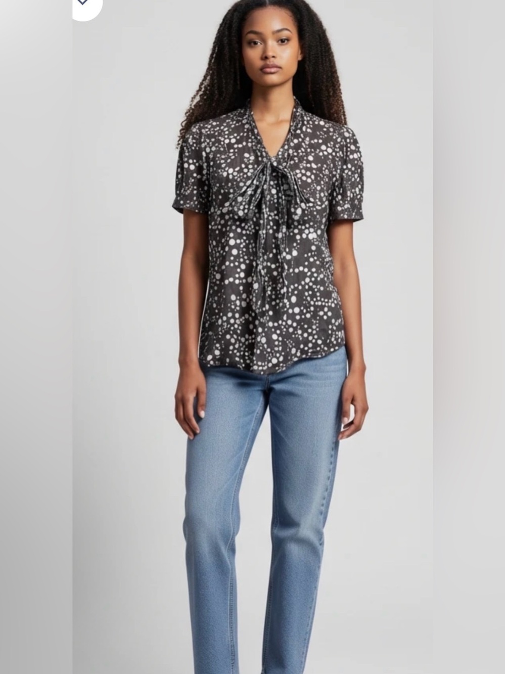 Elle Gray & White Dot Tie-Neck Blouse Size S